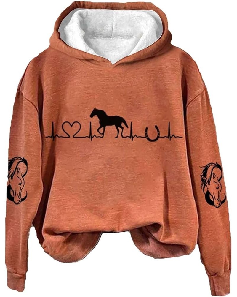 Sweaters for Women 2023 Horse Lover Casual Hoodie Casual Long Sleeve Sweatshirt Soft Printed Lightweight Clothes Orange $10.1...