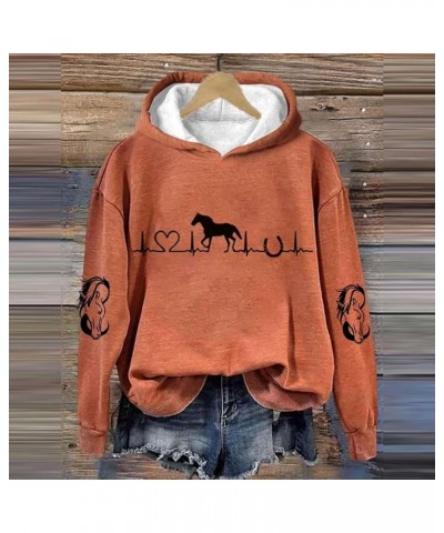 Sweaters for Women 2023 Horse Lover Casual Hoodie Casual Long Sleeve Sweatshirt Soft Printed Lightweight Clothes Orange $10.1...