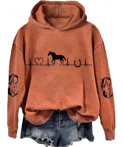 Sweaters for Women 2023 Horse Lover Casual Hoodie Casual Long Sleeve Sweatshirt Soft Printed Lightweight Clothes Orange $10.1...