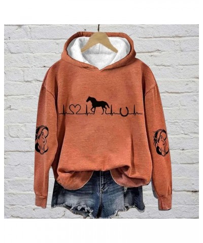 Sweaters for Women 2023 Horse Lover Casual Hoodie Casual Long Sleeve Sweatshirt Soft Printed Lightweight Clothes Orange $10.1...