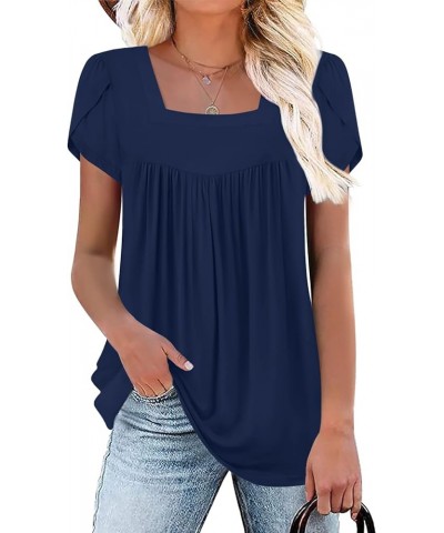 Women's Petal Short Sleeve Tunic Top Casual Square Neck Shirts Loose Fitting Cute Blouse Petal Sleeve-navy Blue $11.79 Tops