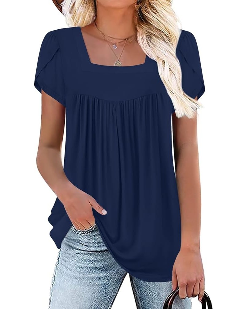 Women's Petal Short Sleeve Tunic Top Casual Square Neck Shirts Loose Fitting Cute Blouse Petal Sleeve-navy Blue $11.79 Tops