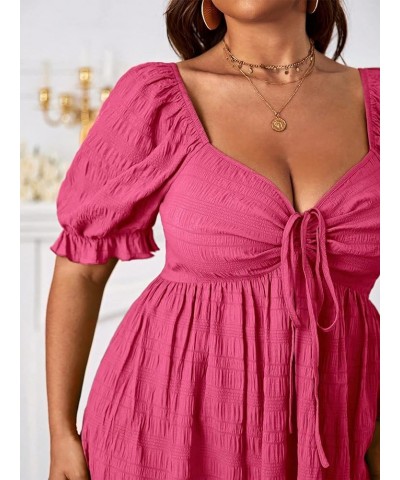 Womens Plus Size Summer Dresses Sweetheart Neck Puff Short Sleeve Tie Swing A Line Midi Dress Plain Pink $27.03 Dresses