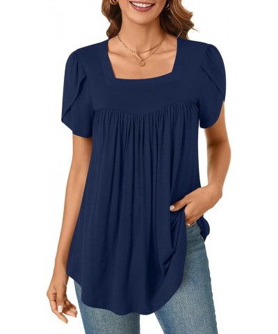 Women's Petal Short Sleeve Tunic Top Casual Square Neck Shirts Loose Fitting Cute Blouse Petal Sleeve-navy Blue $11.79 Tops