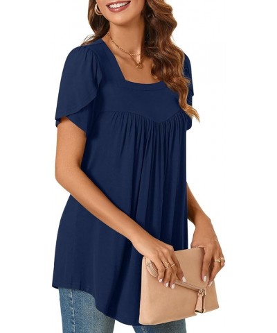 Women's Petal Short Sleeve Tunic Top Casual Square Neck Shirts Loose Fitting Cute Blouse Petal Sleeve-navy Blue $11.79 Tops