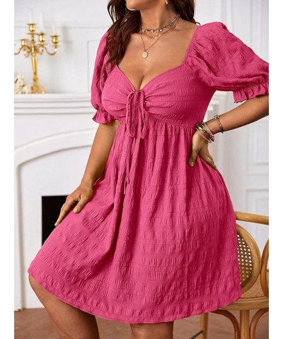 Womens Plus Size Summer Dresses Sweetheart Neck Puff Short Sleeve Tie Swing A Line Midi Dress Plain Pink $27.03 Dresses