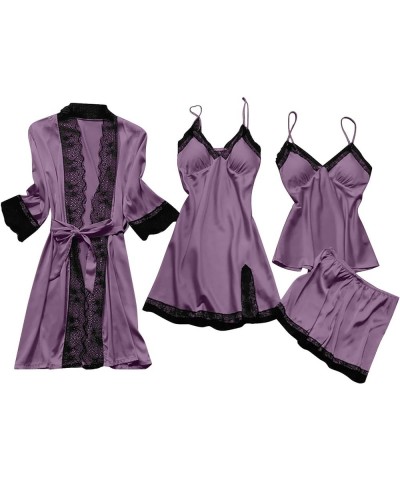 Womens Pajamas 4 Piece Pjs Sets Silk Satin Nightgown Lace Lingerie and Shorts Soft Sleepwear Lounge Set with Robe C-purple $7...