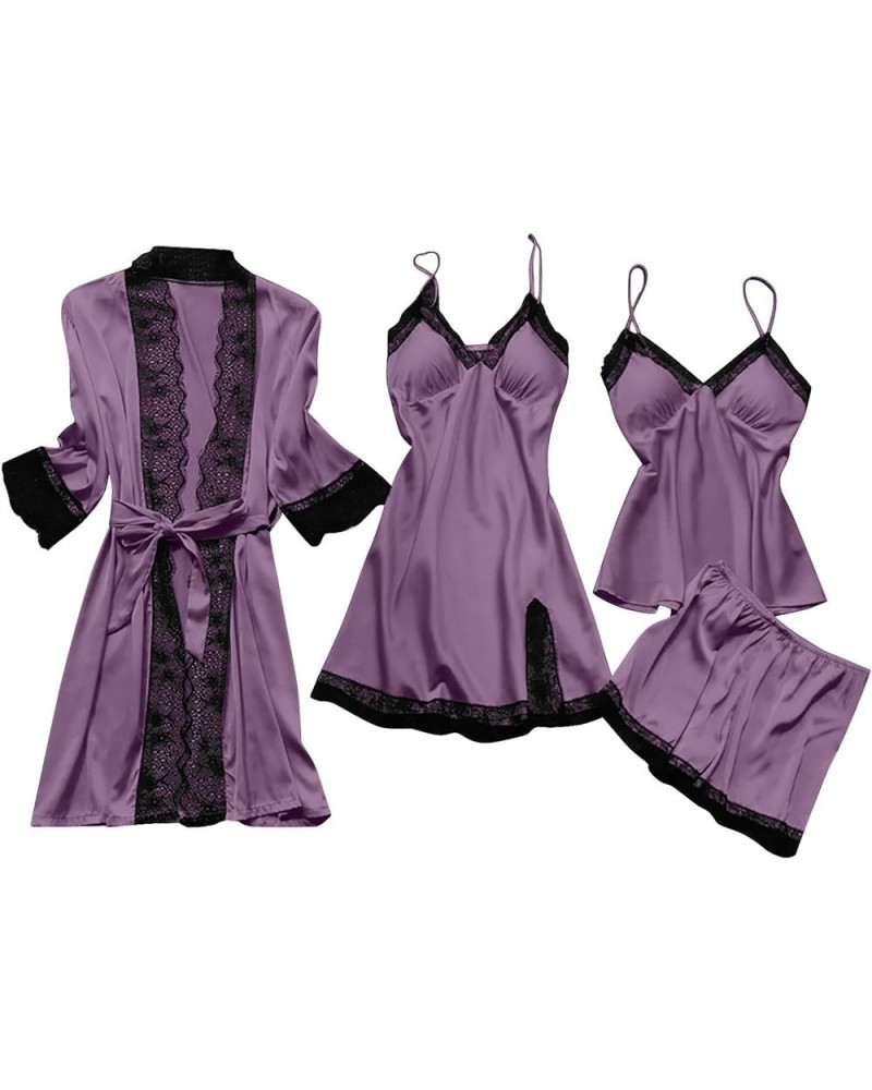 Womens Pajamas 4 Piece Pjs Sets Silk Satin Nightgown Lace Lingerie and Shorts Soft Sleepwear Lounge Set with Robe C-purple $7...