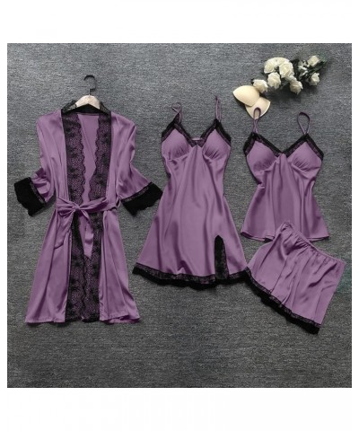 Womens Pajamas 4 Piece Pjs Sets Silk Satin Nightgown Lace Lingerie and Shorts Soft Sleepwear Lounge Set with Robe C-purple $7...