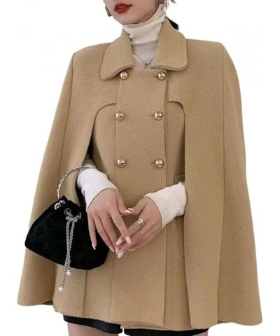 Women's Wool Blend Coat Elegant Poncho Double-Breast Slit Sleeve Flowy Wool Blend Cape Cloak Coat Khaki $27.30 Coats