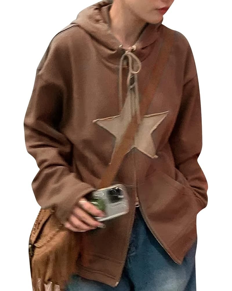 Women Zip Up Hoodie Fashion Punk Sport Coat Hip Hop Joggers Pullover 90s Streetwear Grunge Hoodies Y2K Star Brown $13.16 Hood...