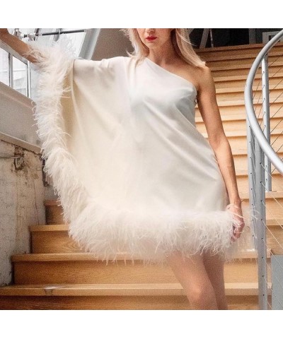 Women Bodycon Feather Mini Dress Faux Fur Trim Short Dress Long Sleeve Off Shoulder Dress Sexy Party Clubwear F-white One Sho...