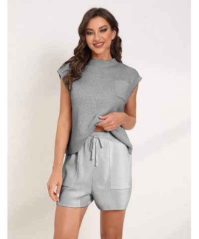 Womens Two Piece Outfits Sweater Sets Knit Pullover Tops and High Waisted Short Pants Lounge Sets Grey $17.84 Activewear