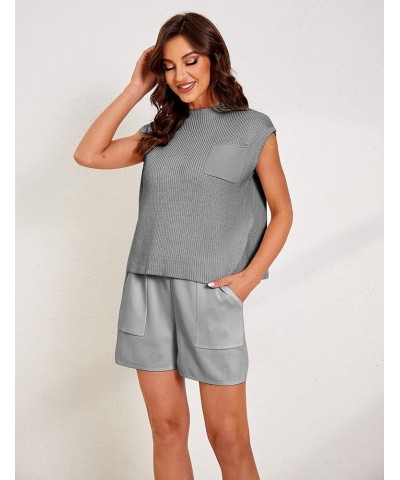 Womens Two Piece Outfits Sweater Sets Knit Pullover Tops and High Waisted Short Pants Lounge Sets Grey $17.84 Activewear