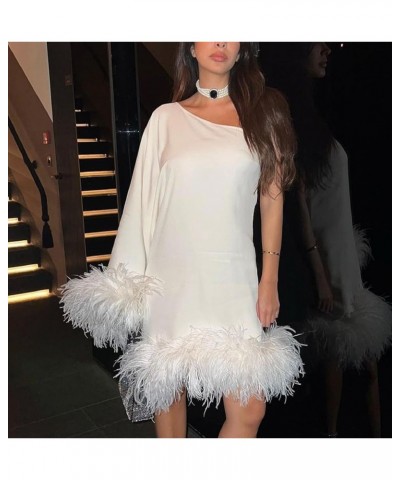 Women Bodycon Feather Mini Dress Faux Fur Trim Short Dress Long Sleeve Off Shoulder Dress Sexy Party Clubwear F-white One Sho...