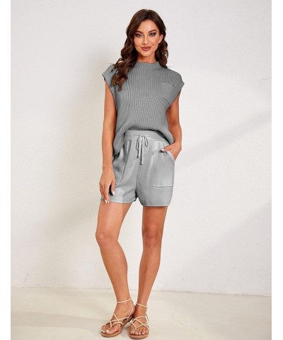 Womens Two Piece Outfits Sweater Sets Knit Pullover Tops and High Waisted Short Pants Lounge Sets Grey $17.84 Activewear