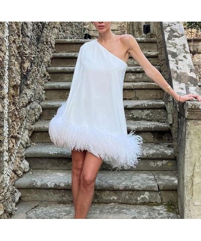 Women Bodycon Feather Mini Dress Faux Fur Trim Short Dress Long Sleeve Off Shoulder Dress Sexy Party Clubwear F-white One Sho...