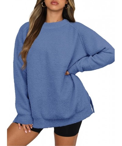 Women's Oversized Long Sleeve Crewneck Fuzzy Knit Warm Sweaters 2023 Fall Side Slit Pullover Sweater Tops Denim Blue $15.59 S...