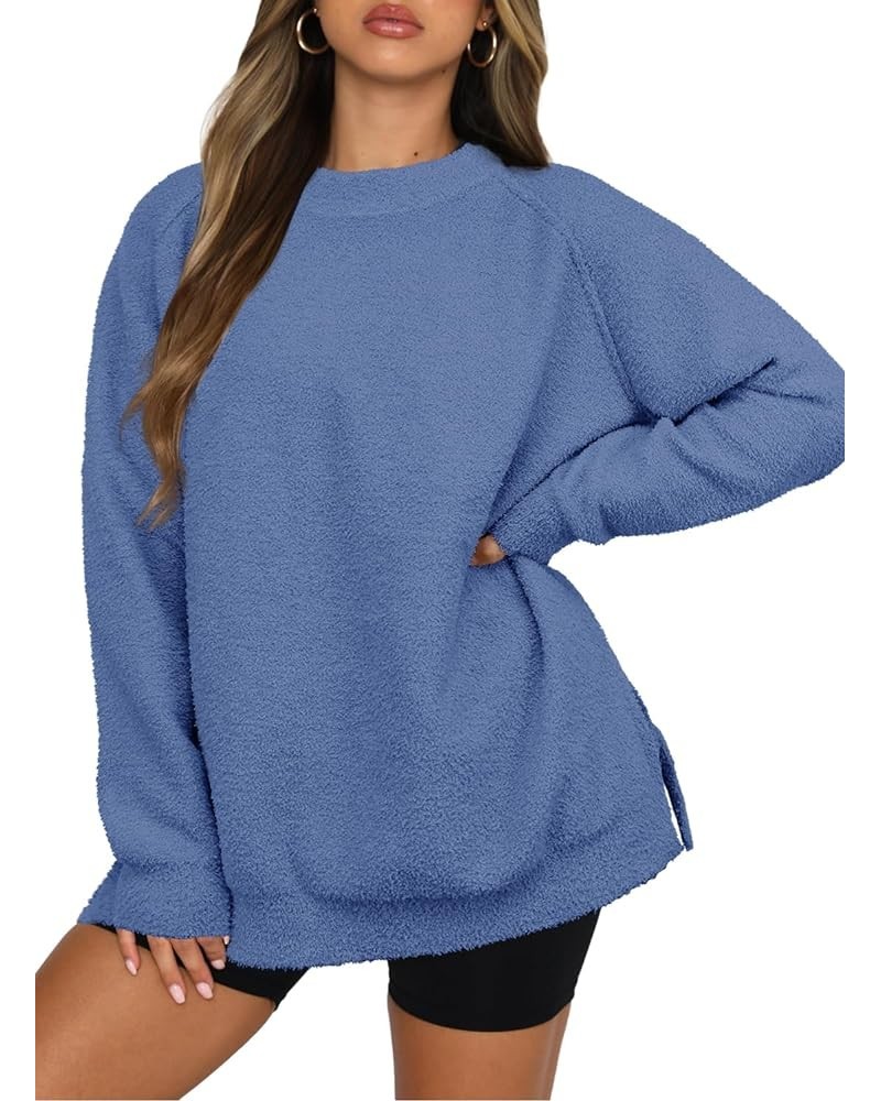 Women's Oversized Long Sleeve Crewneck Fuzzy Knit Warm Sweaters 2023 Fall Side Slit Pullover Sweater Tops Denim Blue $15.59 S...