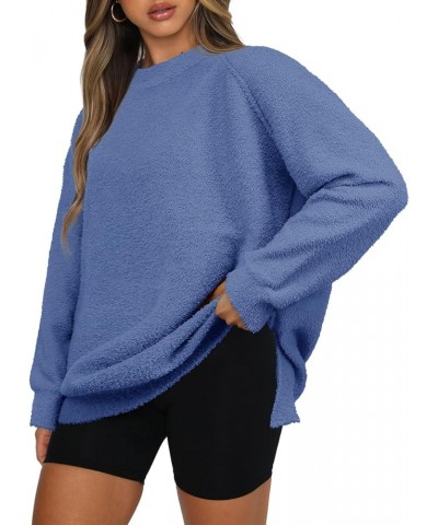 Women's Oversized Long Sleeve Crewneck Fuzzy Knit Warm Sweaters 2023 Fall Side Slit Pullover Sweater Tops Denim Blue $15.59 S...