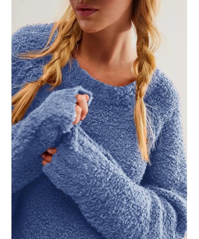 Women's Oversized Long Sleeve Crewneck Fuzzy Knit Warm Sweaters 2023 Fall Side Slit Pullover Sweater Tops Denim Blue $15.59 S...