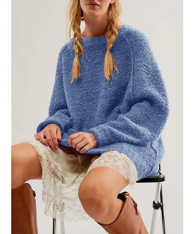 Women's Oversized Long Sleeve Crewneck Fuzzy Knit Warm Sweaters 2023 Fall Side Slit Pullover Sweater Tops Denim Blue $15.59 S...