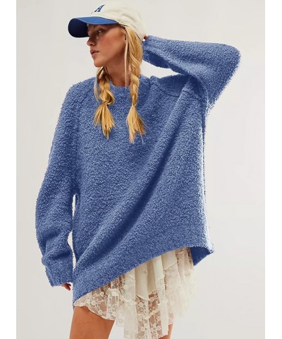 Women's Oversized Long Sleeve Crewneck Fuzzy Knit Warm Sweaters 2023 Fall Side Slit Pullover Sweater Tops Denim Blue $15.59 S...