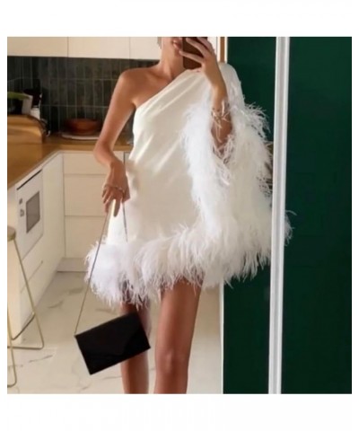 Women Bodycon Feather Mini Dress Faux Fur Trim Short Dress Long Sleeve Off Shoulder Dress Sexy Party Clubwear F-white One Sho...