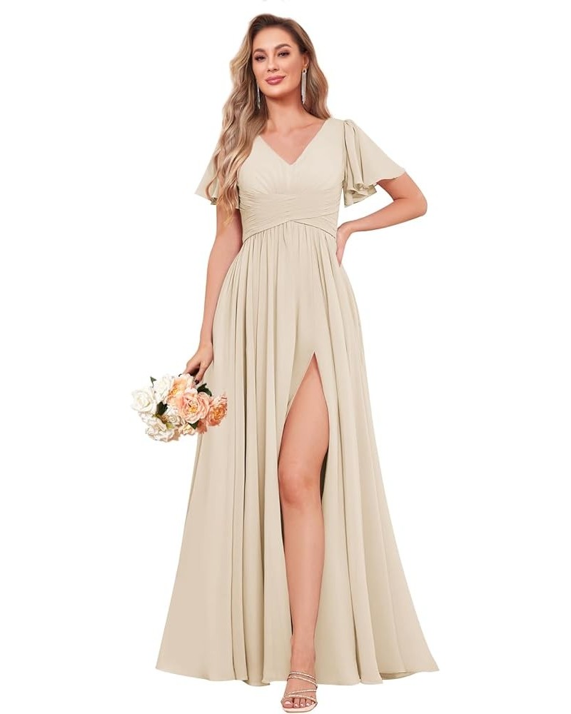 Women's Ruffle Sleeve Bridesmaid Dresses Long Slit Ruched Chiffon Evening Formal Dresses with Pockets Champagne $32.44 Dresses