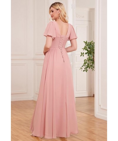 Women's Ruffle Sleeve Bridesmaid Dresses Long Slit Ruched Chiffon Evening Formal Dresses with Pockets Champagne $32.44 Dresses