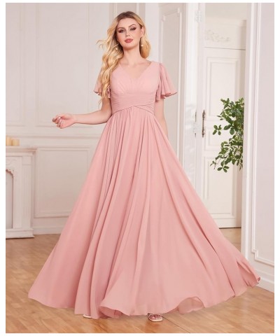 Women's Ruffle Sleeve Bridesmaid Dresses Long Slit Ruched Chiffon Evening Formal Dresses with Pockets Champagne $32.44 Dresses