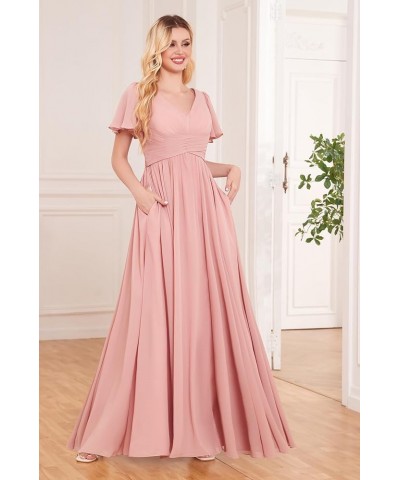 Women's Ruffle Sleeve Bridesmaid Dresses Long Slit Ruched Chiffon Evening Formal Dresses with Pockets Champagne $32.44 Dresses