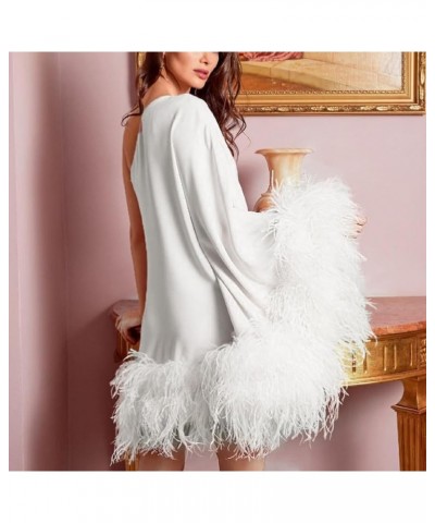 Women Bodycon Feather Mini Dress Faux Fur Trim Short Dress Long Sleeve Off Shoulder Dress Sexy Party Clubwear F-white One Sho...