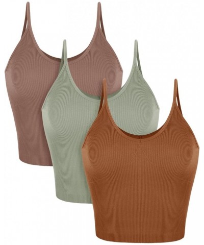 3-Pack V Neck Seamless Crop Tank for Women Ribbed Knit Soft Cropped Camisole Tops Clove+green Milieu+clay $9.89 Tanks