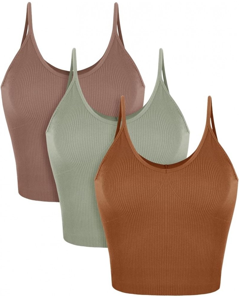 3-Pack V Neck Seamless Crop Tank for Women Ribbed Knit Soft Cropped Camisole Tops Clove+green Milieu+clay $9.89 Tanks