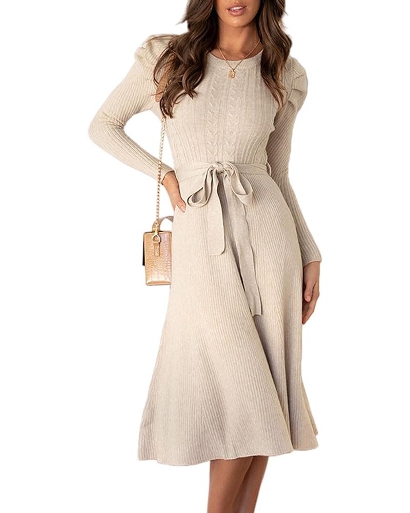 Women's Sweater Dress Puff Sleeve Round Neck Cable Knit Fitted Swing Dresses with Belt Apricot $14.88 Dresses