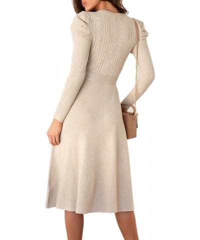 Women's Sweater Dress Puff Sleeve Round Neck Cable Knit Fitted Swing Dresses with Belt Apricot $14.88 Dresses