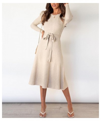 Women's Sweater Dress Puff Sleeve Round Neck Cable Knit Fitted Swing Dresses with Belt Apricot $14.88 Dresses