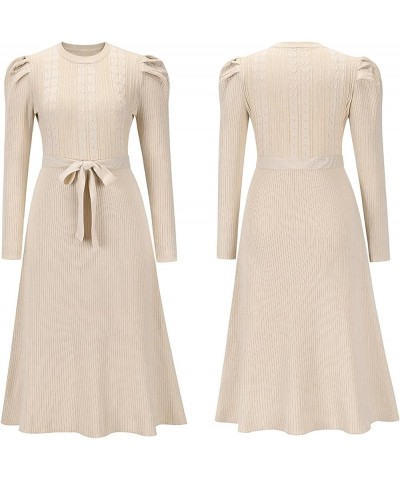 Women's Sweater Dress Puff Sleeve Round Neck Cable Knit Fitted Swing Dresses with Belt Apricot $14.88 Dresses