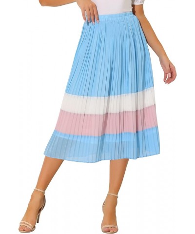 Women's Summer Elastic Waist Color Block A-Line Pleated Chiffon Midi Skirt Light Blue $21.65 Skirts