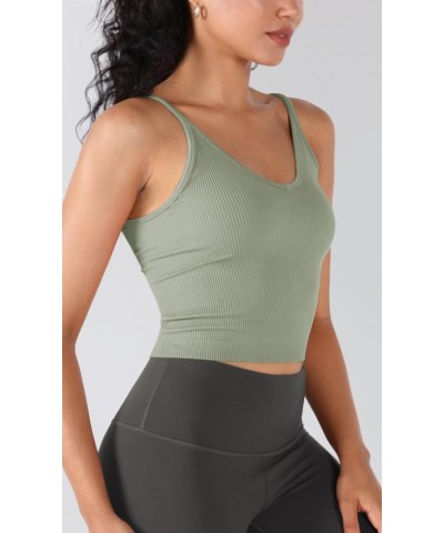 3-Pack V Neck Seamless Crop Tank for Women Ribbed Knit Soft Cropped Camisole Tops Clove+green Milieu+clay $9.89 Tanks