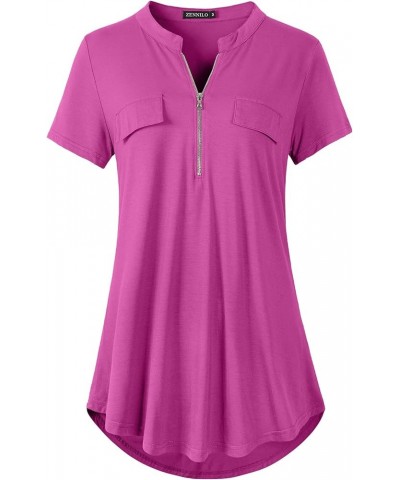 Women's Shirt Zip Plaid V Neck Short Sleeve Casual Summer Tunic Tops Fushia $13.16 Tops