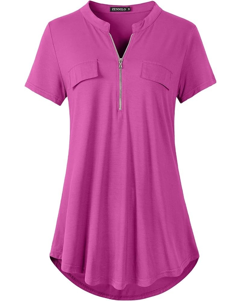 Women's Shirt Zip Plaid V Neck Short Sleeve Casual Summer Tunic Tops Fushia $13.16 Tops