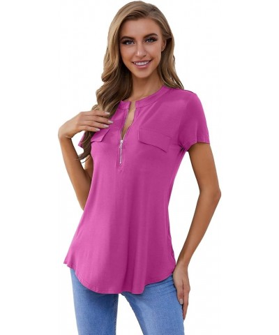 Women's Shirt Zip Plaid V Neck Short Sleeve Casual Summer Tunic Tops Fushia $13.16 Tops