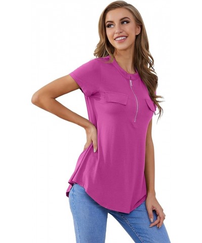 Women's Shirt Zip Plaid V Neck Short Sleeve Casual Summer Tunic Tops Fushia $13.16 Tops