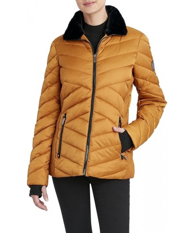 Women's Short Puffer Jacket with Faux Fur Trimmed Hood, Water Resistant Mustard $32.39 Jackets