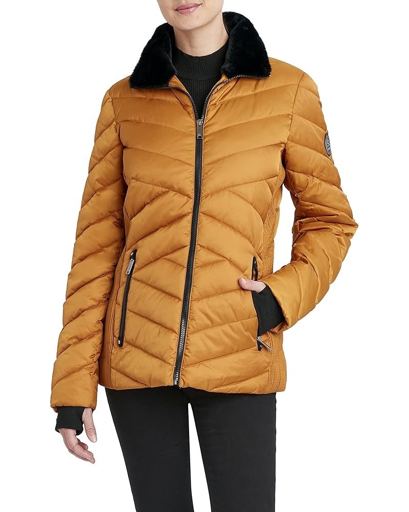 Women's Short Puffer Jacket with Faux Fur Trimmed Hood, Water Resistant Mustard $32.39 Jackets