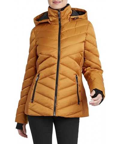 Women's Short Puffer Jacket with Faux Fur Trimmed Hood, Water Resistant Mustard $32.39 Jackets