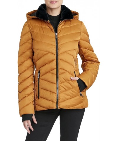 Women's Short Puffer Jacket with Faux Fur Trimmed Hood, Water Resistant Mustard $32.39 Jackets