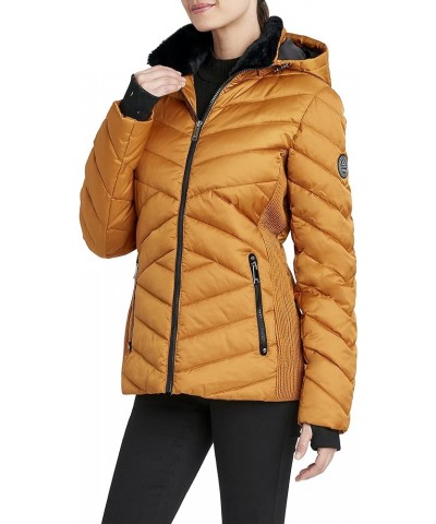 Women's Short Puffer Jacket with Faux Fur Trimmed Hood, Water Resistant Mustard $32.39 Jackets